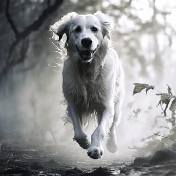 White Labrador running through the forest. High quality photo