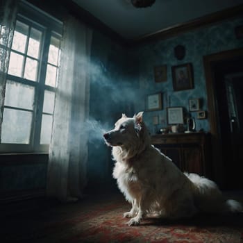 A dog sits on the floor near a window in an old house