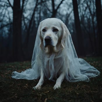 Ghost Dog in a Gloomy Forest. High quality photo