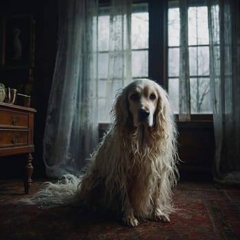 A red curly-haired dog sits on the floor near a window in an old house