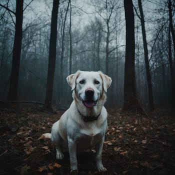 Dog sitting in gloomy autumn forest. High quality photo