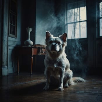 A dog sits on the floor near a window in an old house