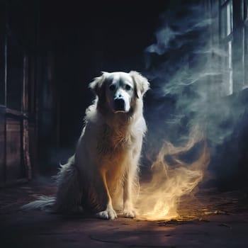 Labrador sitting near the window in abandoned house. High quality photo