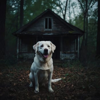 A Labrador retriever sits in the woods in front of an old abandoned hut. High quality photo