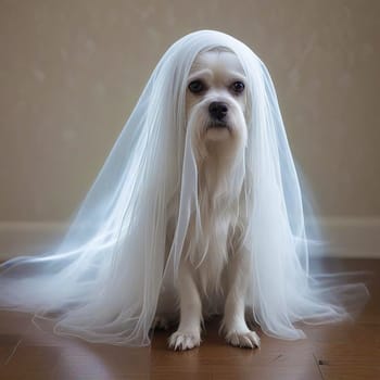 White Ghost Dog in Veil Sitting on Floor. High quality photo