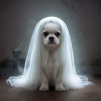 White Ghost Dog in Veil Sitting on Floor. High quality photo