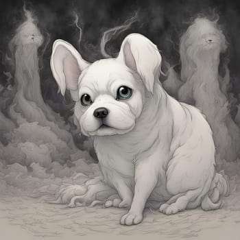 Ghost of a white little dog. Behind it the ghosts of two other dogs swirl with smoke