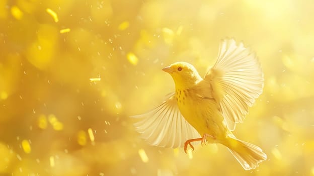 A yellow songbird is soaring through the sky, displaying its beautiful wings and singing a cheerful melody as it flies. Wildlife at its finest