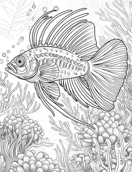 A monochromatic illustration of a fish gracefully swimming amidst coral reefs. The intricate details on the fins and tail showcase the artists skill in marine biology and botany