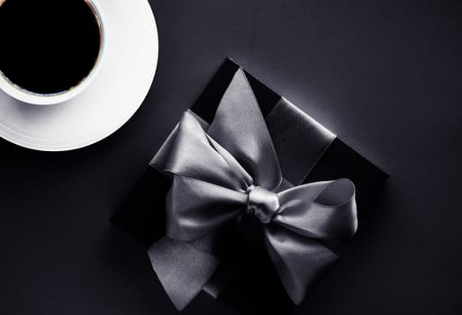 Hot drink, business card design and food branding concept - Luxury coffee brand, cup and gift box on black flatlay background