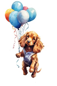 A dog is holding a bunch of balloons in its mouth. The balloons are in different colors and sizes, and the dog is jumping up in the air. The scene is playful and fun