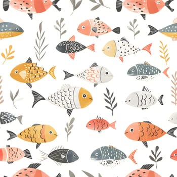 A seamless pattern featuring fish and leaves on a white background, showcasing the interconnectedness of different organisms like invertebrates, such as insects, and vertebrates, such as fish