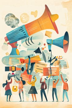 Retro art illustration of voting, social media, communication and advertising concept, people crowd vote and brand message idea