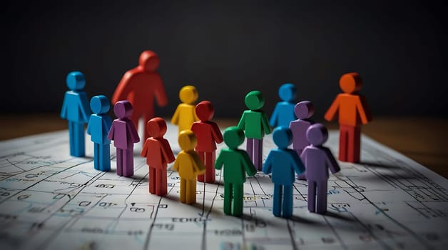 A group of colorful wooden figures stand on a white plan with lines and writing. The figures are arranged in a semi-circle, with one figure standing out from the rest. The figures represent people and are likely used for brainstorming, planning, or other collaborative activities.