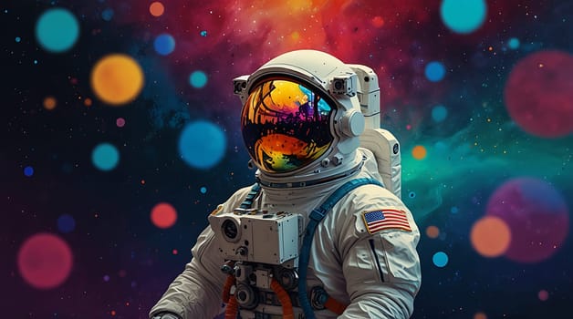 An astronaut, wearing a white space suit with an American flag patch, stands in front of a colorful nebula. The astronauts helmet is reflective and shows a glimpse of the surrounding space. The background is a vibrant mix of blues, purples, oranges, and reds, creating a stunning visual.