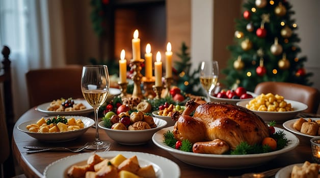 A Christmas dinner table is set with a roasted turkey, side dishes, and a glass of wine. There are candles on the table and a Christmas tree in the background. The table is decorated with greenery and other festive touches. The atmosphere is warm and inviting, perfect for a celebratory meal with loved ones.