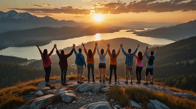 A group of friends stand with their arms raised in the air as they watch the sunset over a large lake in the mountains. They are silhouetted against the golden sky, with the lake and mountains stretching out behind them.