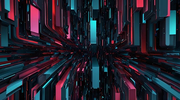 A digitally rendered, abstract cityscape composed of black, blue, and red rectangles. The scene is reminiscent of a futuristic city with a perspective that creates a sense of depth and movement, drawing the viewers eye towards the center. The contrasting colors and geometric forms create a dynamic and captivating visual experience.