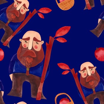 Seamless pattern with magic gnomes, red autumn leaves, berries, twigs and baskets on a blue background. Pattern for wrapping paper, home and seasonal textiles, curtains, tablecloths, kitchen and nursery decoration