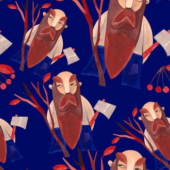 Seamless pattern with magic gnomes, red autumn leaves, berries, twigs and baskets on a blue background. Pattern for wrapping paper, home and seasonal textiles, curtains, tablecloths, kitchen and nursery decoration