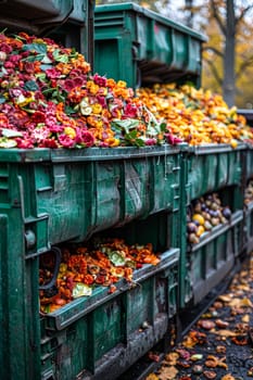 A pile of trash is sitting in a green container. The trash is made up of various items, including flowers and fruit. The scene is messy and disorganized, with the trash overflowing from the container