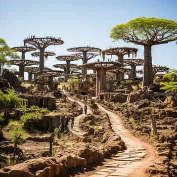 A group of people are walking down a dirt road in a village. The village is surrounded by trees and houses. The people are walking in a line, and there are a few horses in the background