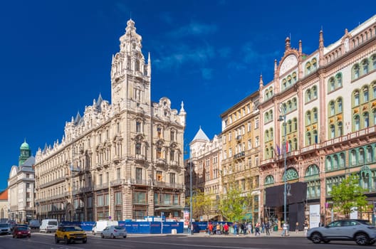 Budapest, Hungary - 5 April 2024: View of Brudern House, Buddha-Bar Hotel, Klotild palace, art nouveau architecture, inner city.
