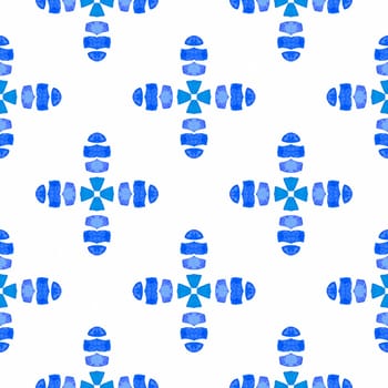 Tiled watercolor background. Blue shapely boho chic summer design. Textile ready fresh print, swimwear fabric, wallpaper, wrapping. Hand painted tiled watercolor border.