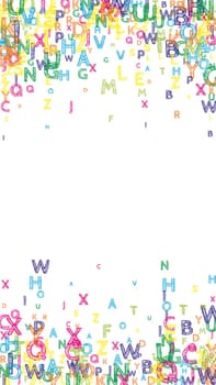 Flying latin letters. Colorful childish scattered charachters of English alphabet. Foreign languages study concept. Back to school banner .
