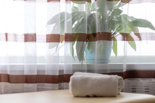 Close up shot of the white towels rolled in the massage couch