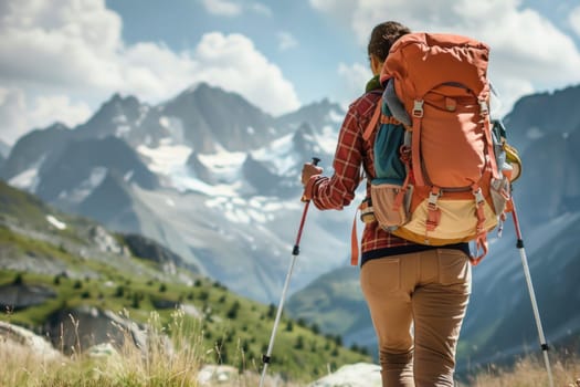 A woman with an orange backpack is trekking and enjoying the scenic beauty of the mountains and nature around her