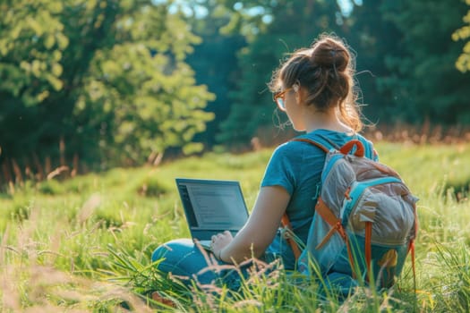 A woman is joyfully sitting on the grass in a scenic natural environment, engaging with a laptop for relaxation