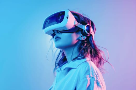 A woman wearing a VR headset is immersed in a world of Microphone, Eyewear, Music, and Entertainment keywords