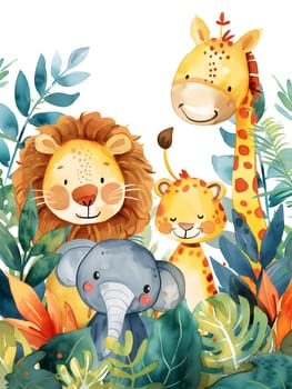 A lion, giraffe, elephant, and leopard are positioned together in the jungle, making for a captivating scene for a wildlife illustration or painting