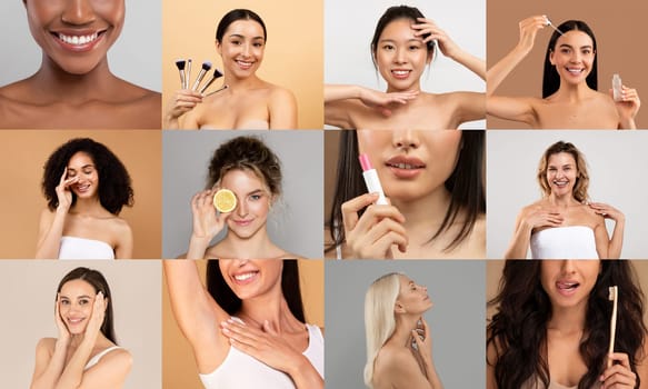 Diverse faces of multiracial woman, each engaged in a skincare session, are collectively presented in a dynamic, engaging studio environment.