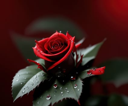 Red Rose flower with dewdrops with copy space. Generative AI.