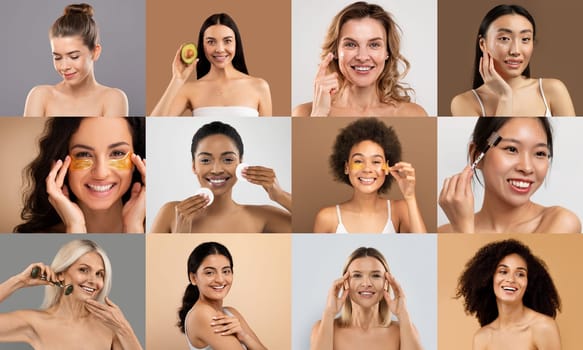 Women of various cultural backgrounds engage in skincare, each depicted in a seamless collage on a bright studio backdrop.