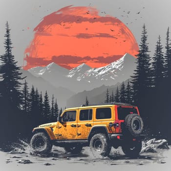 A Jeep Wrangler is driving through a forest with a large orange sun in the background. Scene is adventurous and exciting, as the Jeep is off-roading and exploring the wilderness