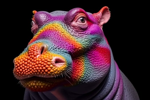 A colorful hippo with rainbow colored spots on its face. The hippo is looking at the camera