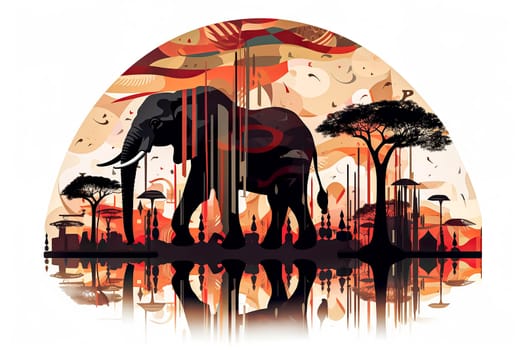 A large elephant is walking through a jungle with trees and buildings in the background. The elephant is surrounded by a lot of trees and buildings, giving the impression of a bustling city