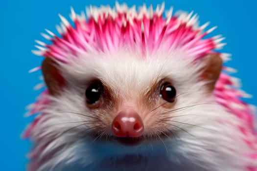 A hedgehog is wearing a colorful shirt and looking at the camera. The image has a playful and whimsical mood, as the hedgehog is dressed up in a human-like outfit