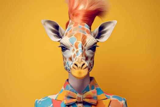 A giraffe with a colorful face painted on it. The giraffe has a big smile on its face