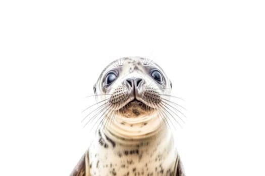 A seal is looking at the camera with its eyes wide open. The image has a playful and curious mood, as the seal seems to be curious about the camera and its surroundings