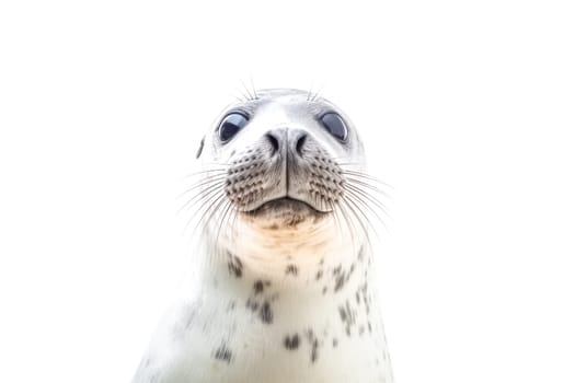 A seal is looking at the camera with its eyes wide open. The image has a playful and curious mood, as the seal seems to be curious about the camera and its surroundings