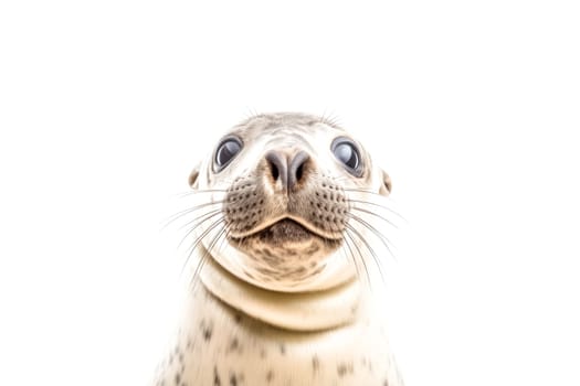 A seal is looking at the camera with its eyes wide open. The image has a playful and curious mood, as the seal seems to be curious about the camera and its surroundings