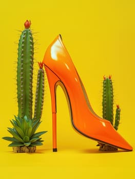 Stylish high heeled shoe and desert cacti on vibrant yellow background fashion meets nature travel inspiration