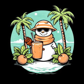 A cartoon snowman holding a drink and wearing sunglasses. The snowman is in a tropical setting with palm trees