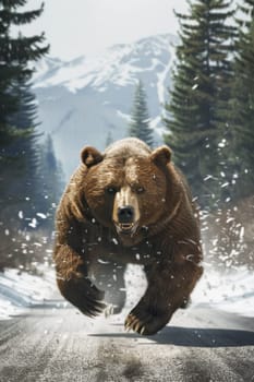 Bear running through snowy forest road amidst nature beauty and serenity