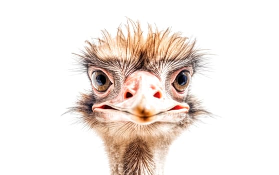 A close up of an ostrich's face with its beak open. The ostrich has a fluffy, messy look to it