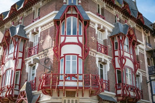 Belle Epoque houses along the French coast. Typical colorful Belle Epoque houses in Art Nouveau style, in the Quartier Balneair in Mers-les-Bains on the French coast
